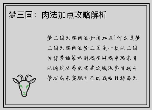 梦三国：肉法加点攻略解析